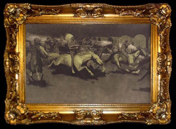 framed  Frederic Remington A Night Attack on a Government Wagon Train (mk43), ta009-2